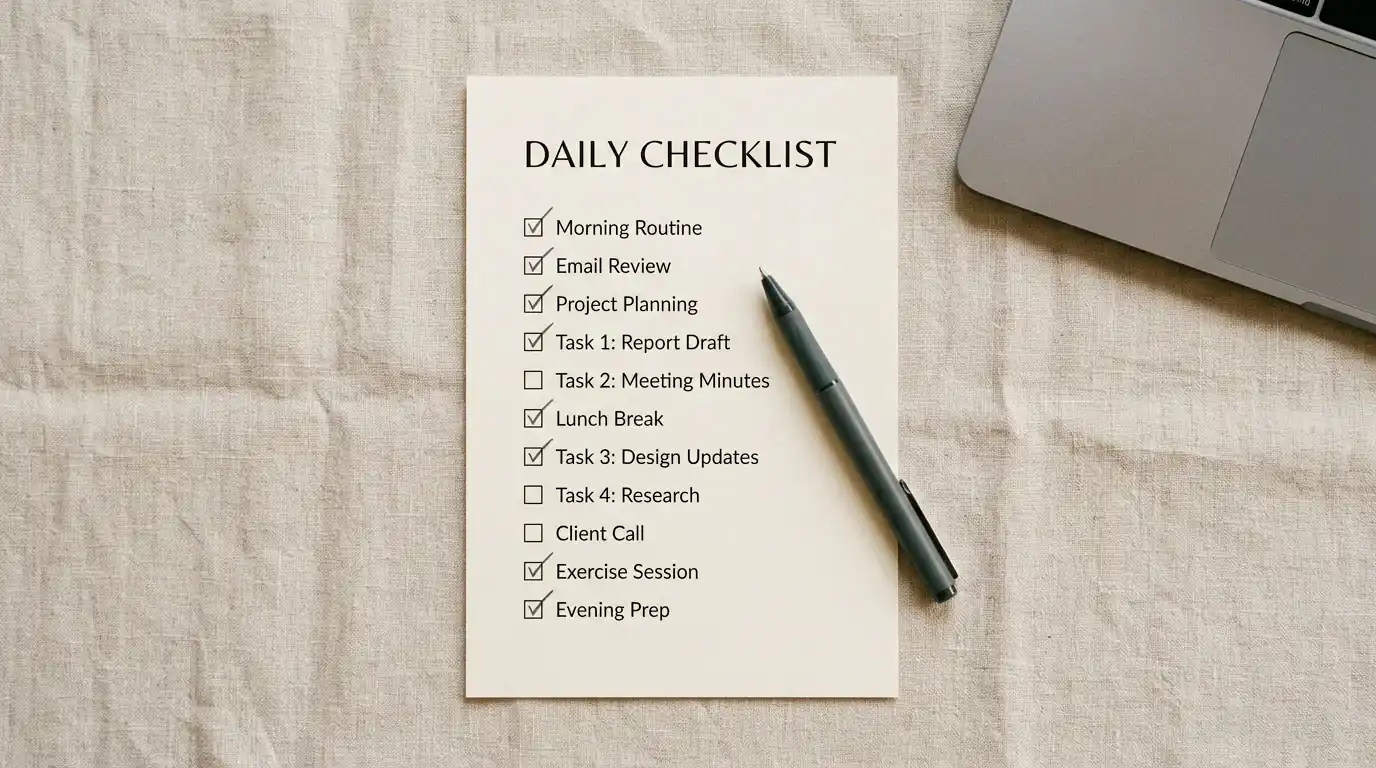 A printed checklist with several ticked and unticked boxes beside a laptop, representing the due-diligence steps for an offshore casino.
