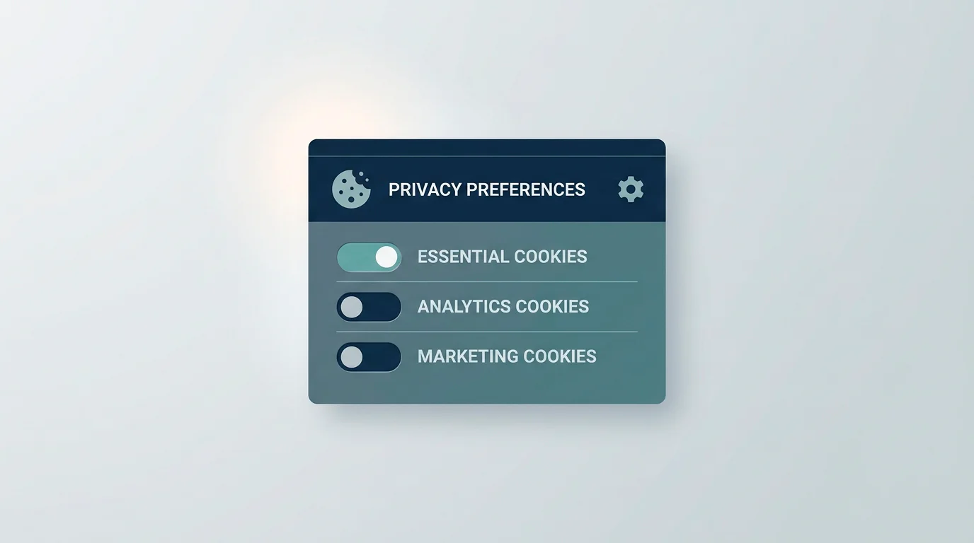 Illustration of browser cookie settings and consent controls on a website preferences panel