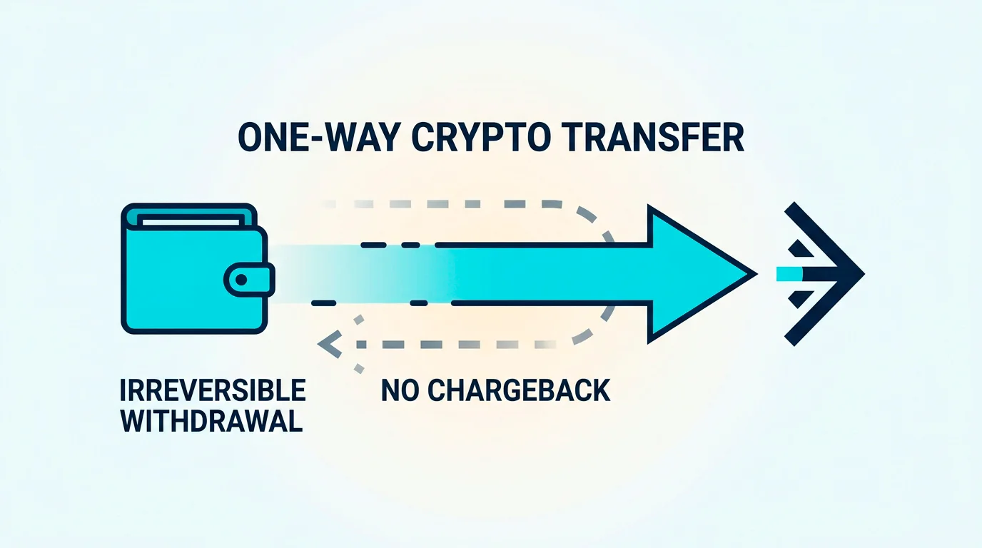 Illustration of an irreversible crypto withdrawal transfer highlighting the lack of chargeback recourse