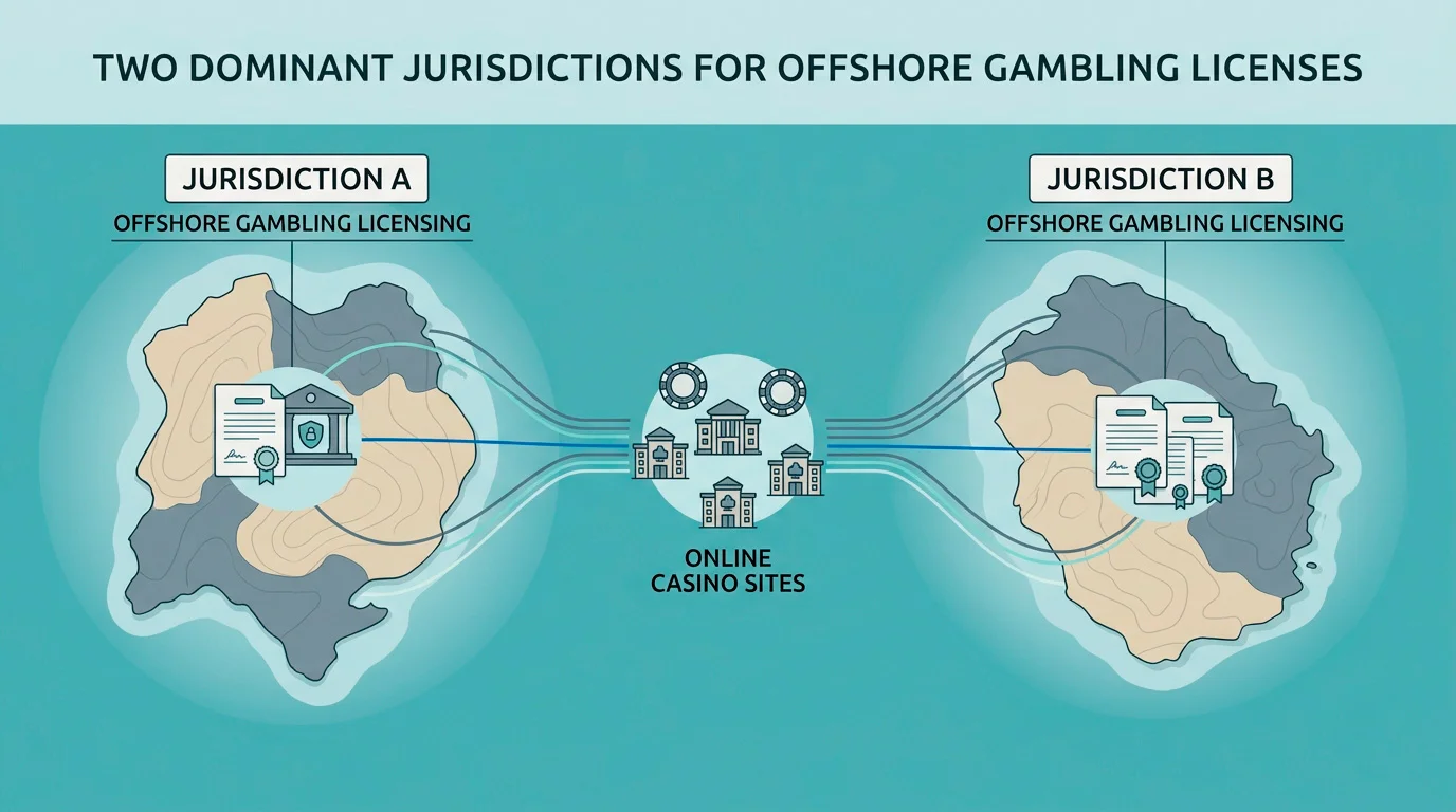 Map-style illustration contrasting Curacao and Anjouan as the dominant offshore casino licensing jurisdictions