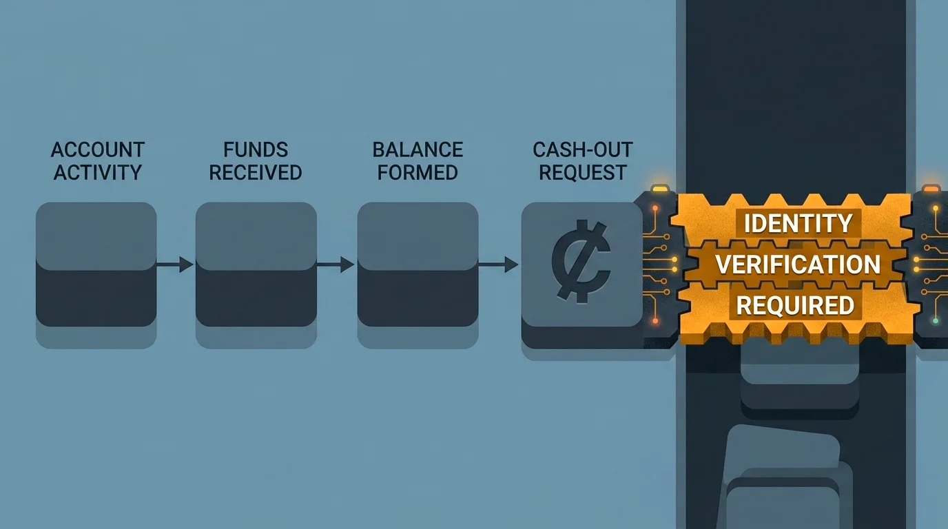 Illustration showing identity verification checks appearing at the withdrawal stage rather than at sign-up