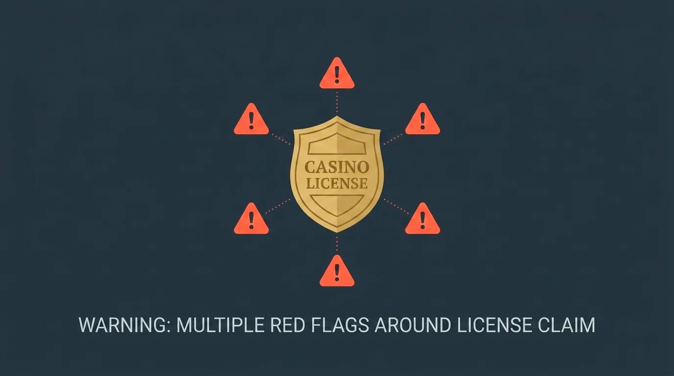 A series of warning indicators beside a casino badge, representing red flags such as dead seals and mismatched company names.