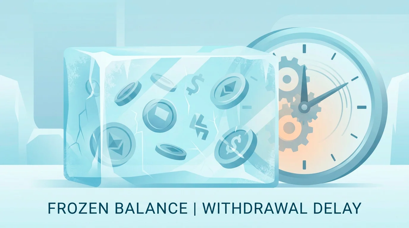 Illustration of a frozen casino balance and a delayed withdrawal caused by late verification demands