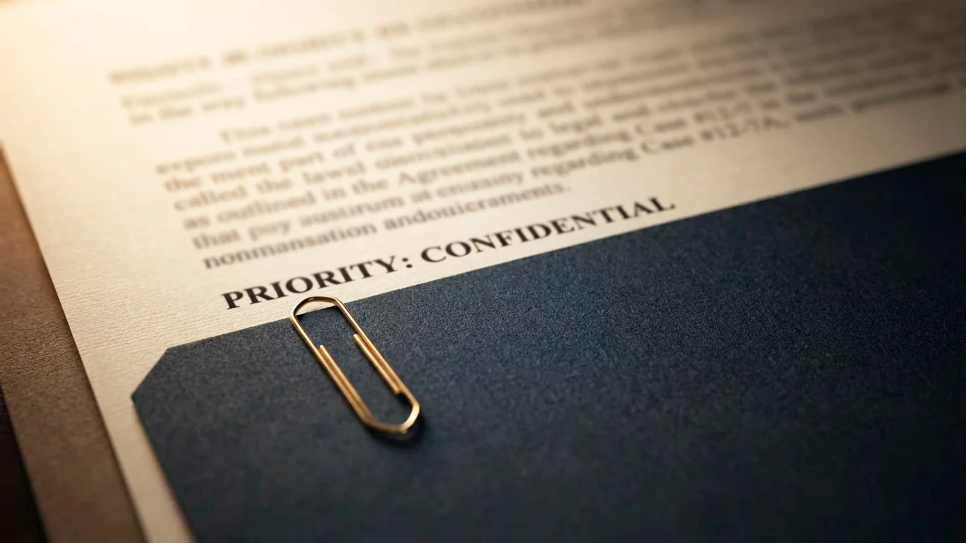 Macro view of densely printed statute-style text with a brass paperclip and the corner of a navy document folder in focus.