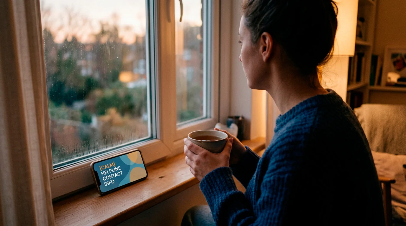 A person pausing thoughtfully with a cup of tea beside a phone showing a helpline contact, representing taking time over the decision and seeking support.