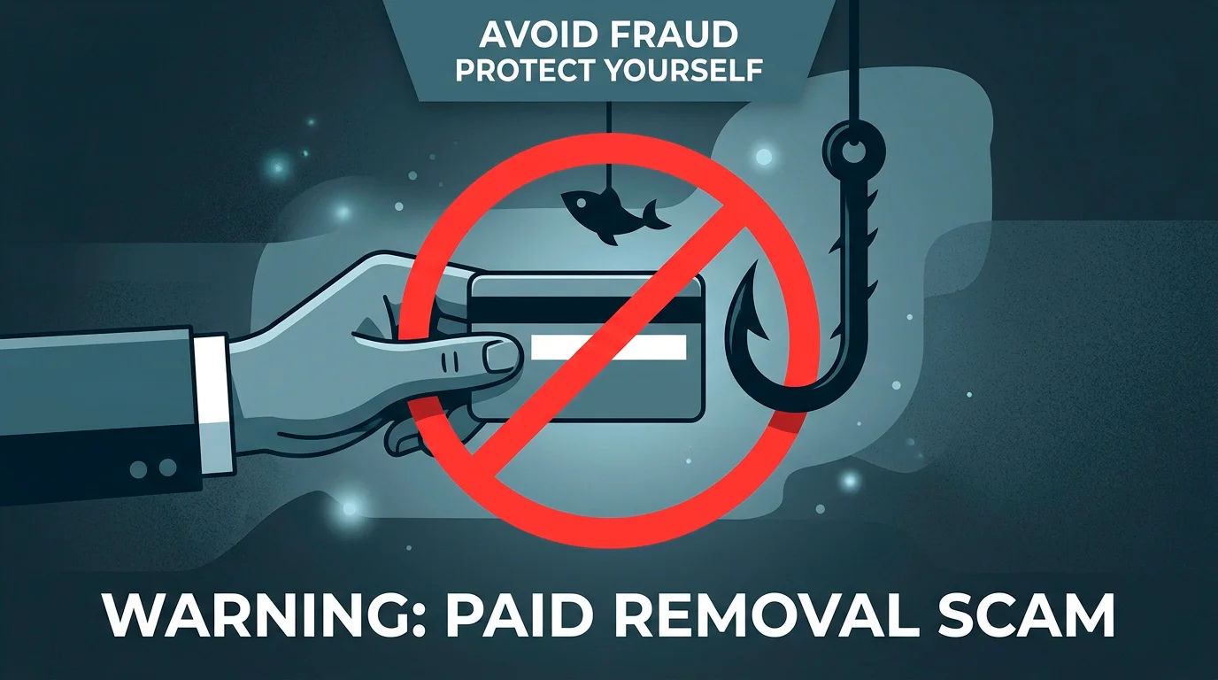 A warning illustration of a hand offering a payment card toward a bait-and-hook shape under a red prohibition ring, representing a paid removal scam.