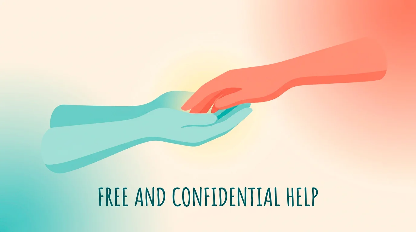 Two abstract hands reaching toward each other with a soft glow between them, symbolising free and confidential support.