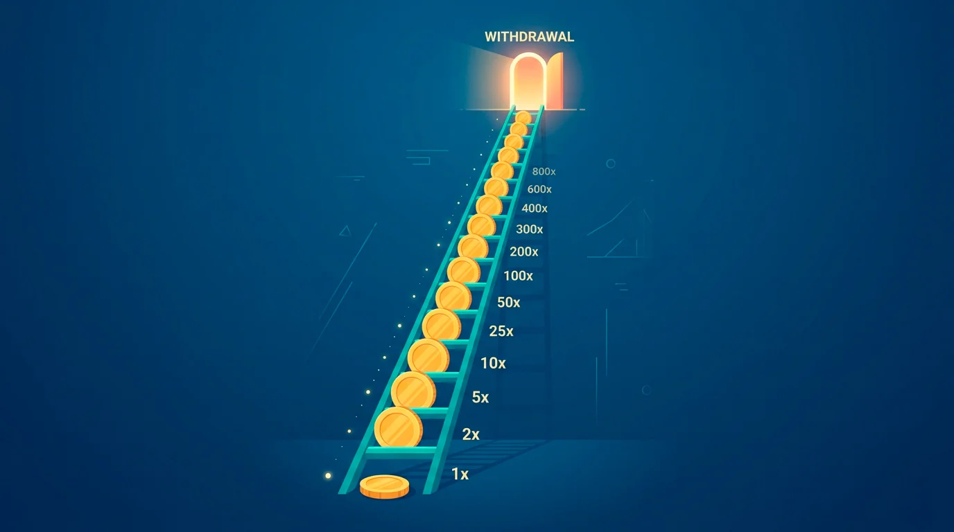 Illustration showing a high wagering requirement multiplying the playthrough needed before withdrawal