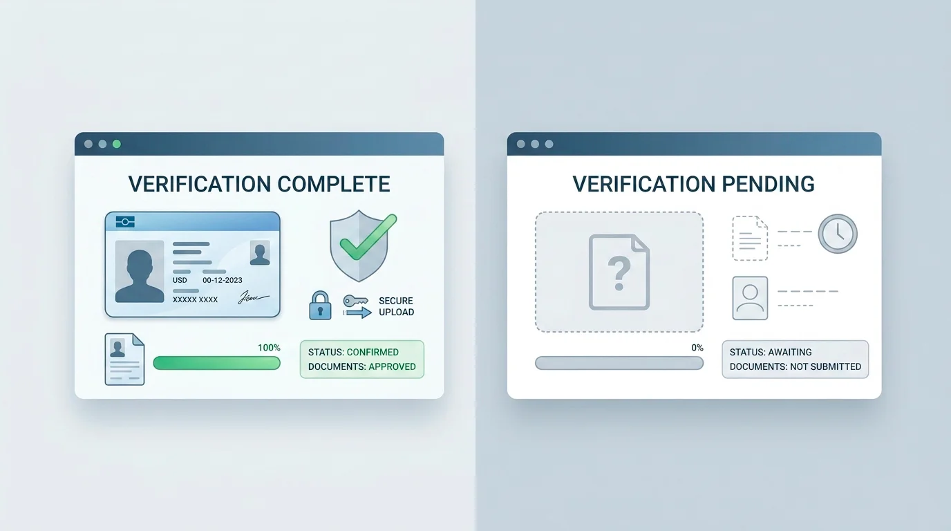 Illustration of identity verification document upload contrasting regulated checks with their absence offshore