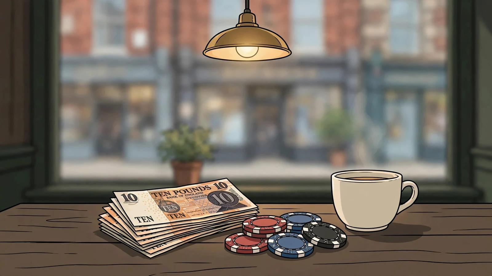 Ten-pound notes and casino chips on a wooden table near a window