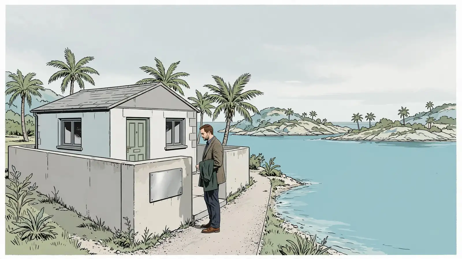 Visitor reading a licence plaque at a small island licensing office by the sea.