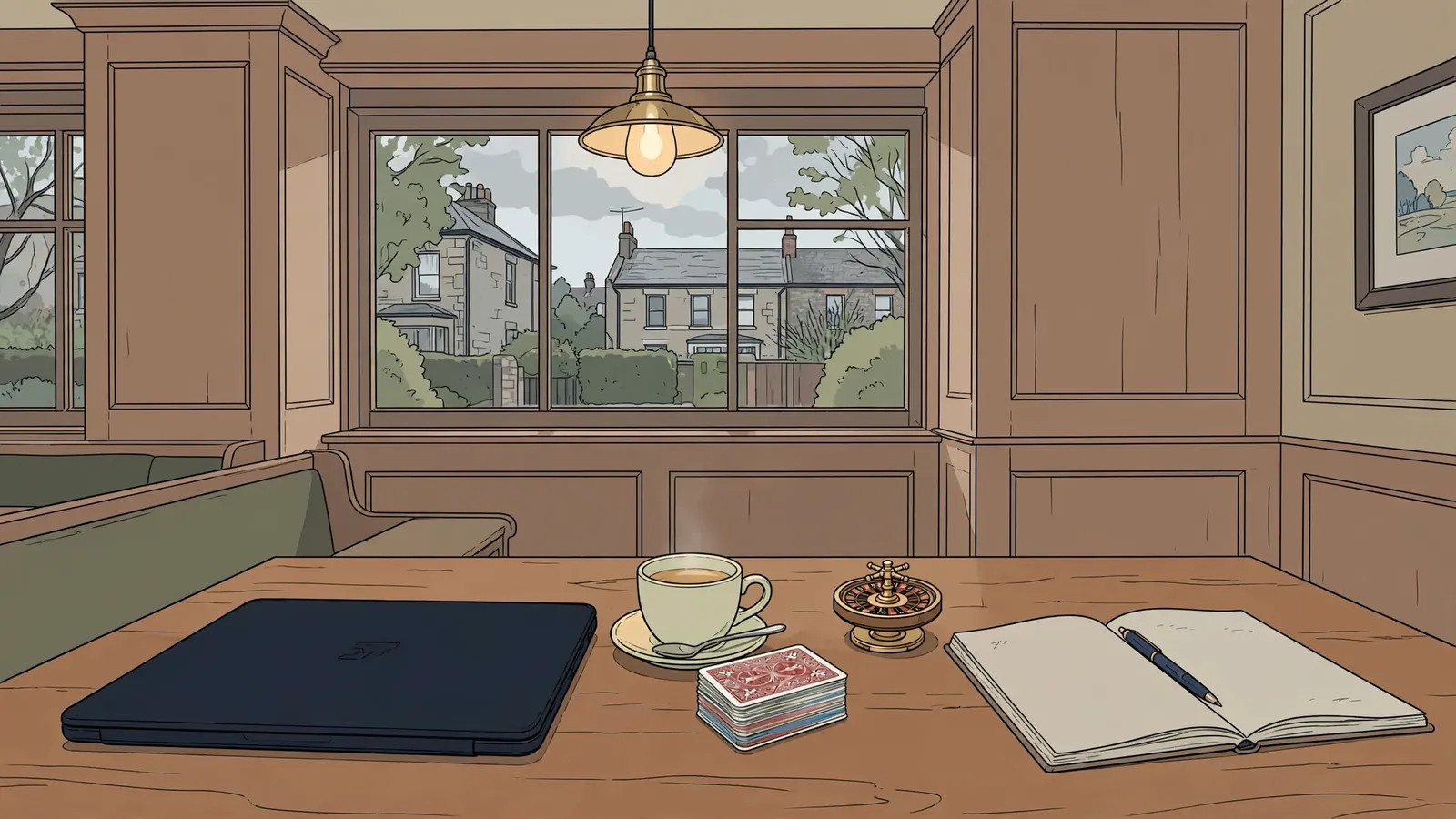 Laptop and cards on a pub-style wooden table in a UK setting