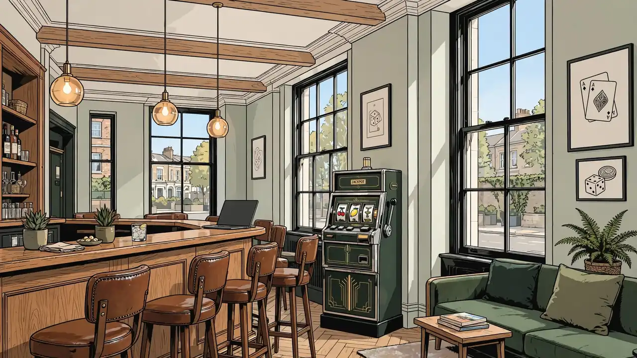 Modern British pub lounge with warm lighting and a classic slot cabinet.