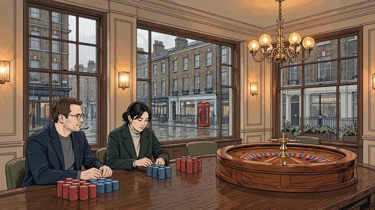 Classic British casino lounge with chips, roulette wheel, and London street view through tall windows