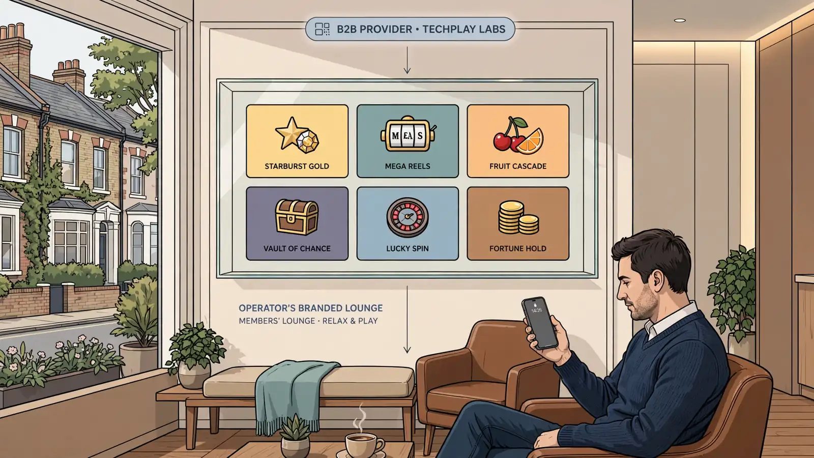 Online casino lobby scene showing provider-to-operator relationship with a seated player