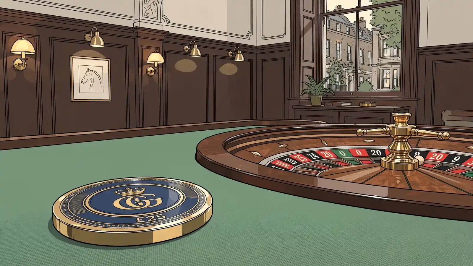Casino chip on green felt beside a roulette wheel in a warm British lounge
