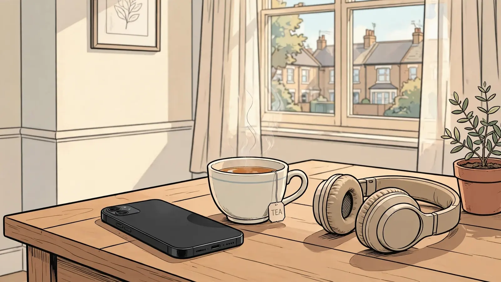Smartphone face-down on a table in a bright British living room with tea and headphones
