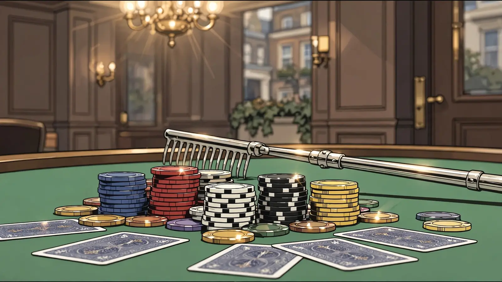 Stacked high-value casino chips on a green felt table in an upscale London gaming room.