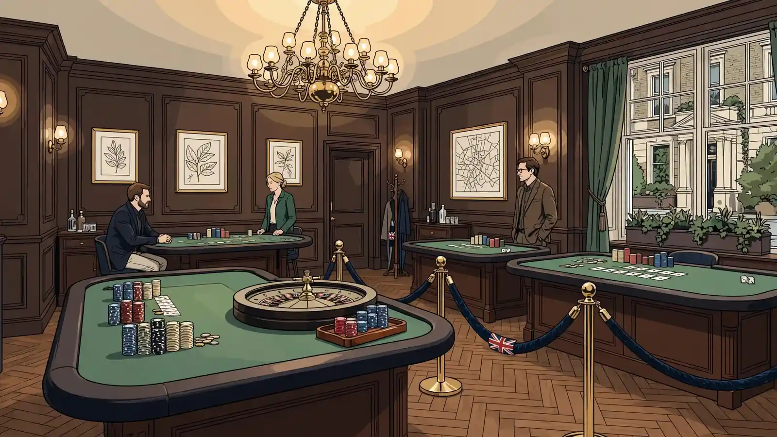 British casino interior with roulette wheel, felt tables, and chip stacks under warm chandelier light.
