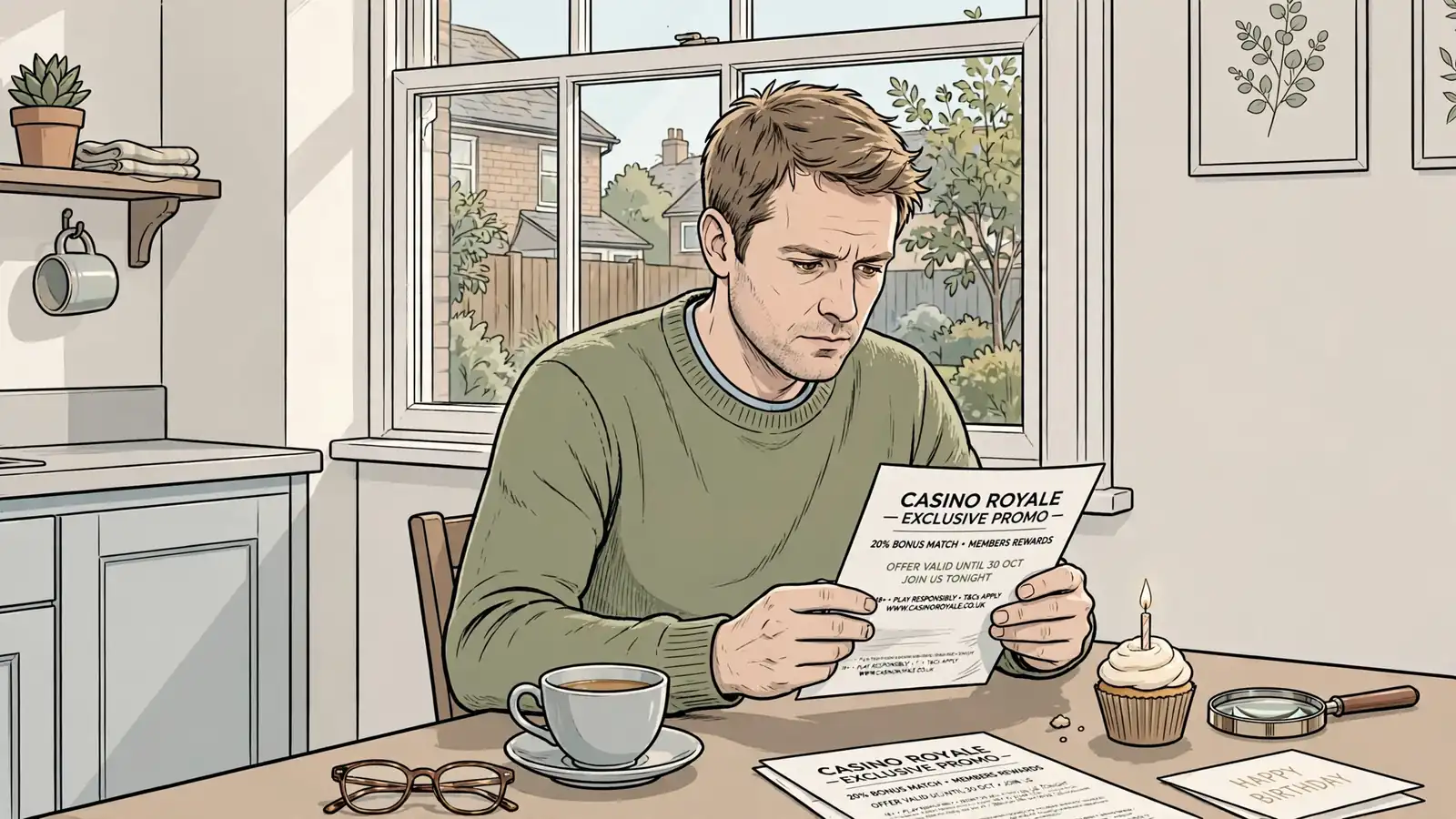 Person scrutinising a casino birthday promotion letter at a kitchen table