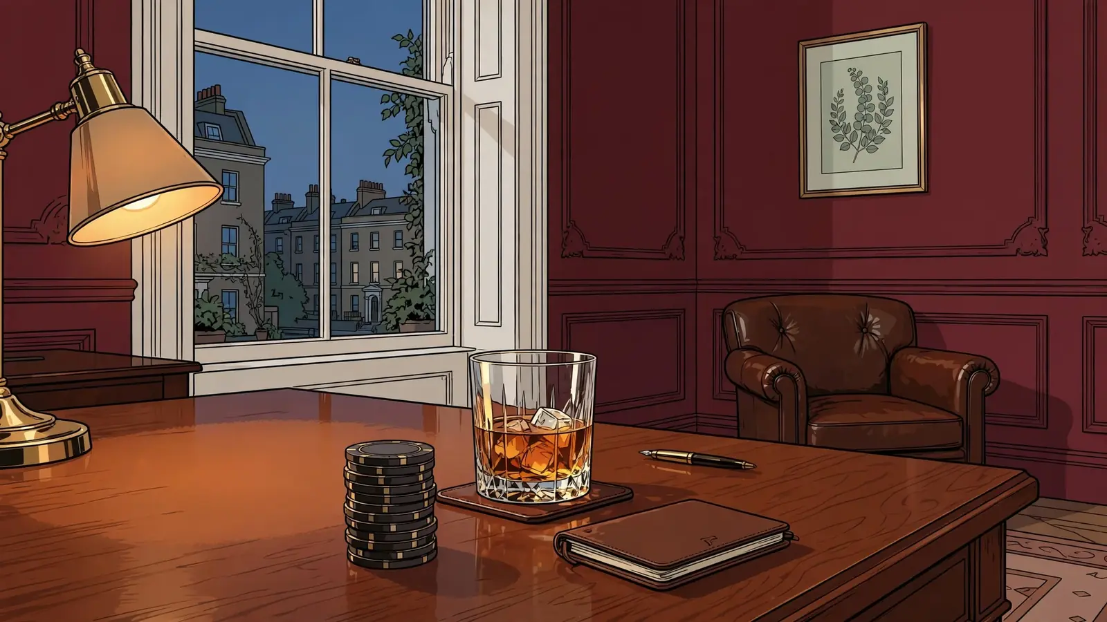 Elegant VIP casino lounge with chips and whisky
