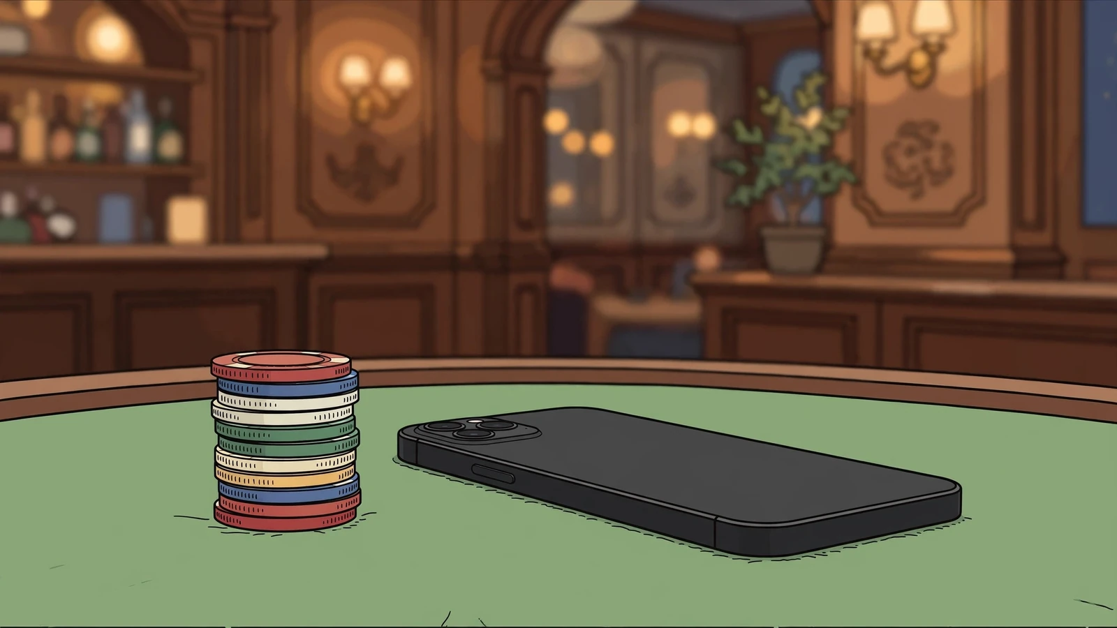 Smartphone on green felt table beside poker chips in a warm British casino lounge.