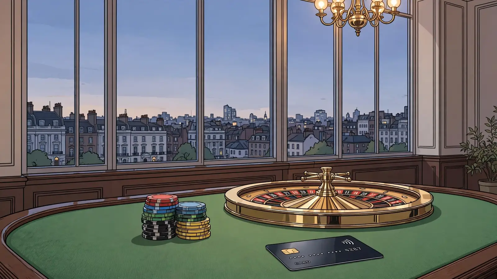 Casino table with chips, roulette wheel, and payment card overlooking London at dusk.