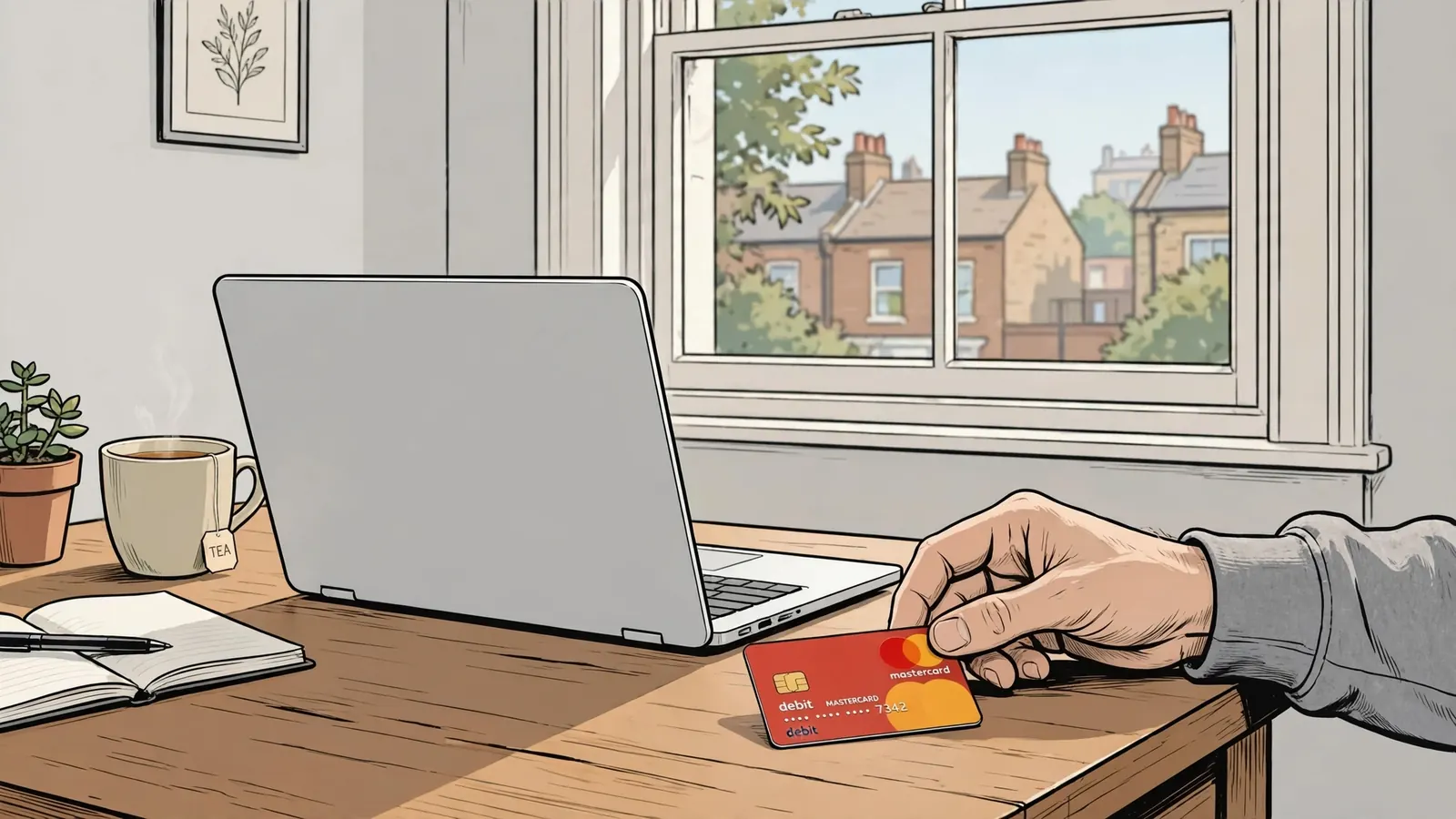 Hand holding a debit Mastercard beside a laptop on a desk in a UK flat.