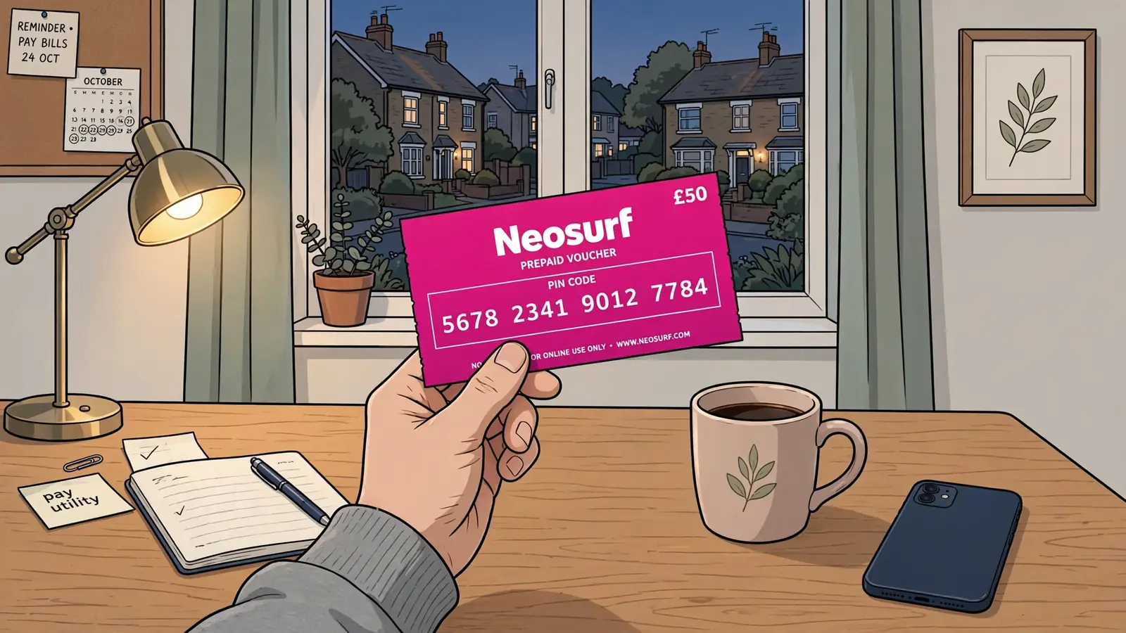 Hand holding a prepaid voucher with a code near a smartphone on a desk.