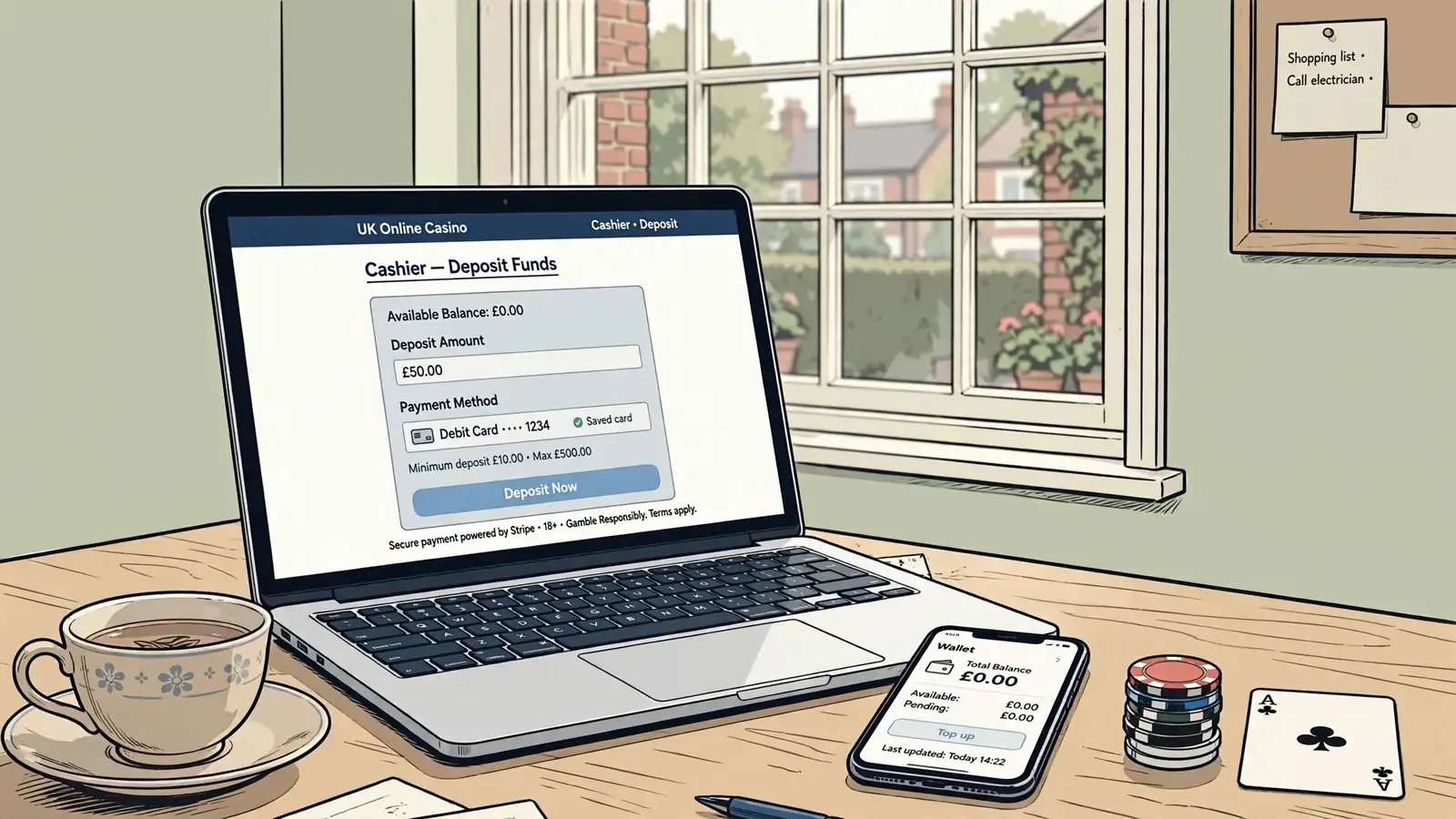 UK casino cashier page on laptop with Tether payment details.