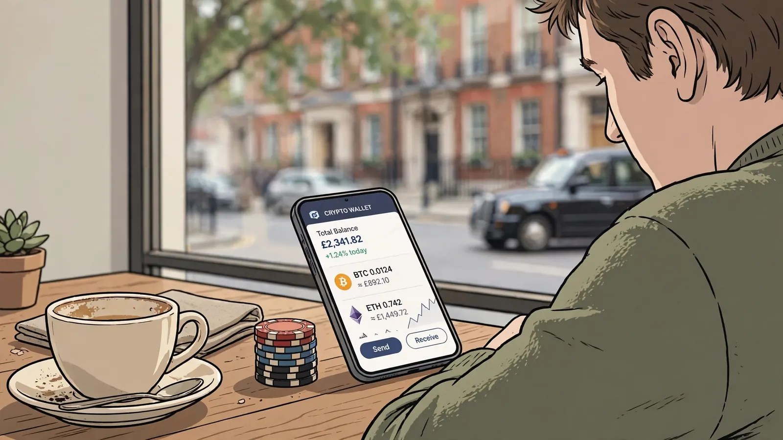 USDC cryptocurrency tokens beside a smartphone on a British pub table.