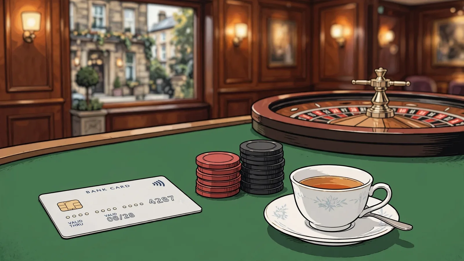 Bank card on green casino table with chips and teacup, roulette blurred behind.
