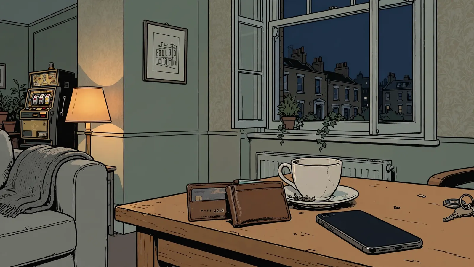 Smartphone, wallet and slot machine in a dim London flat at night