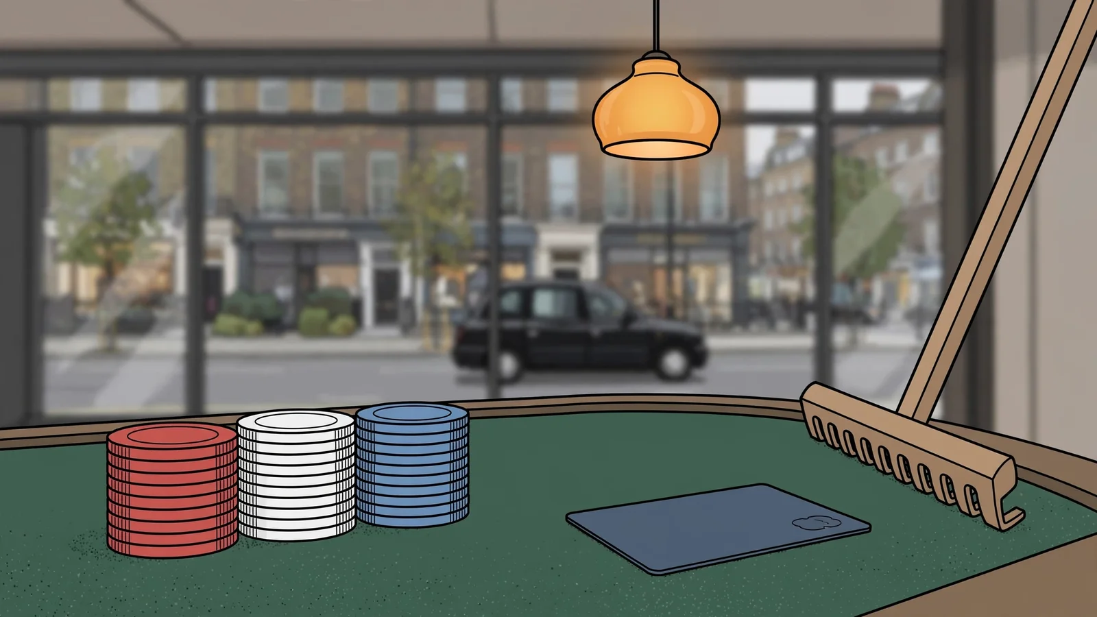 Casino chips, bank card and rake on green felt table with London street view