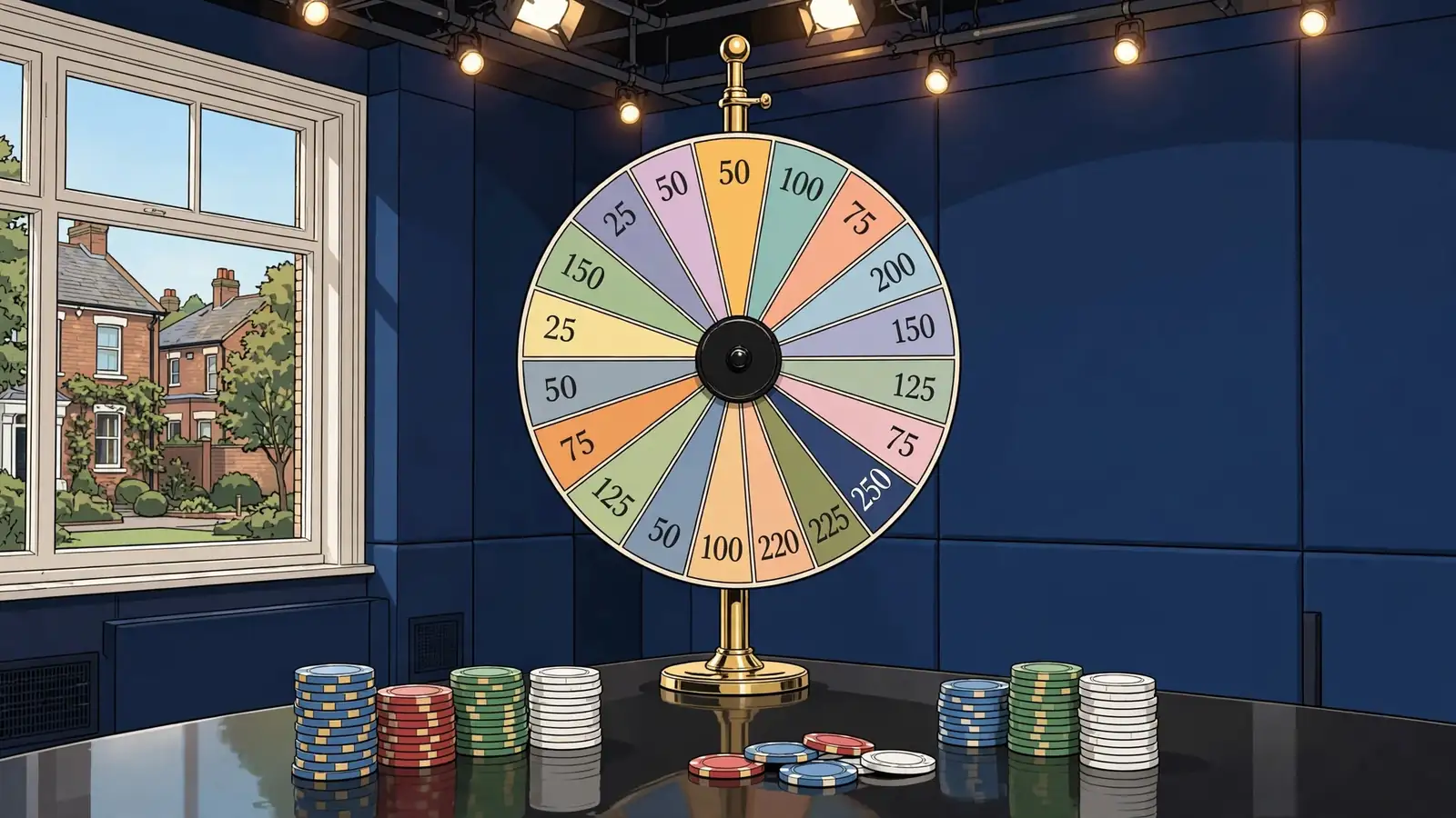 Live casino studio featuring a large vertical money wheel and chips on a glossy table.