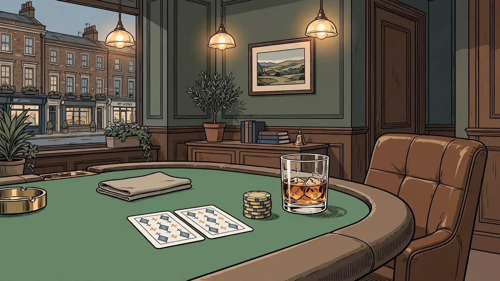 Face-down playing cards on green casino table with chips and whisky