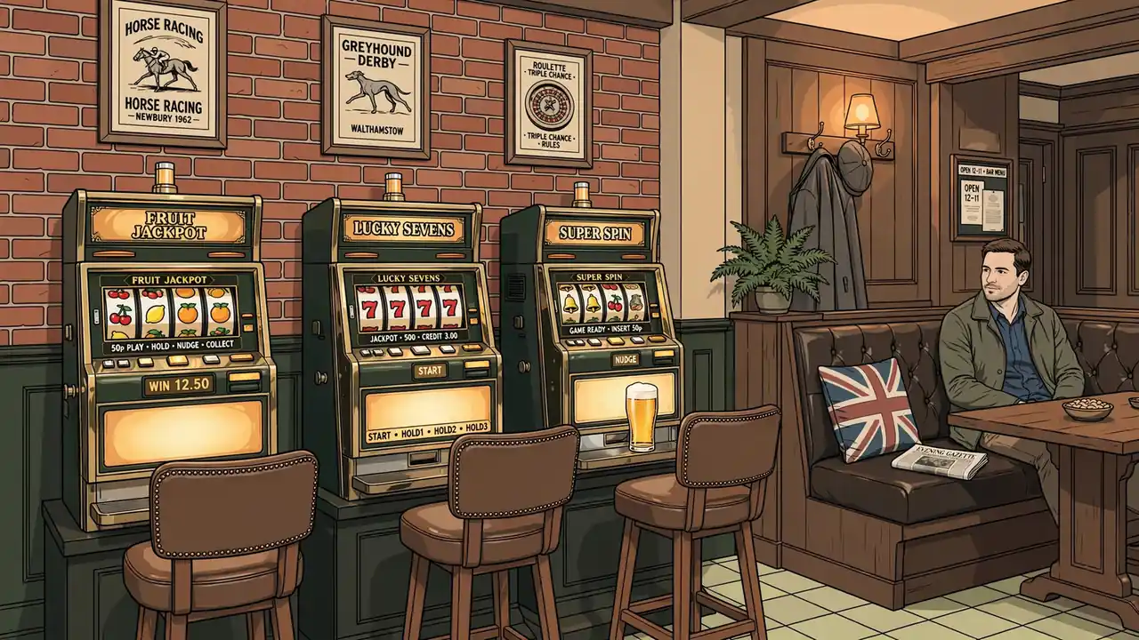 Traditional British pub slot machines glowing in warm light with a pint of beer nearby