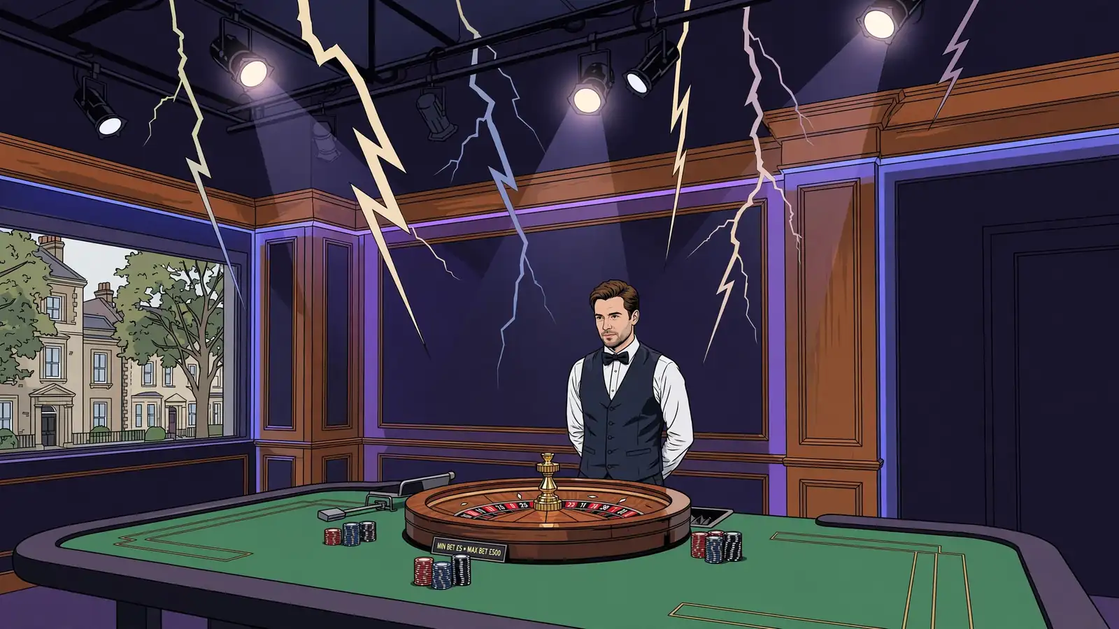 Live dealer beside a roulette wheel under dramatic lightning-style studio lighting.