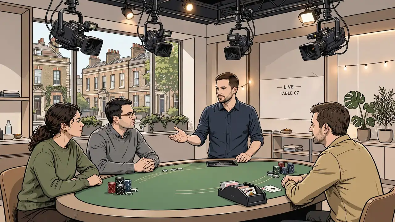 Live dealer hosting a blackjack table in a UK online casino studio