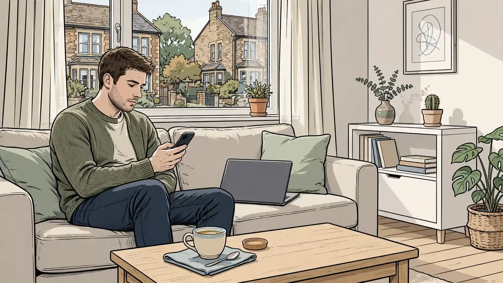 British man on a sofa deciding whether to try a free Mines casino demo.