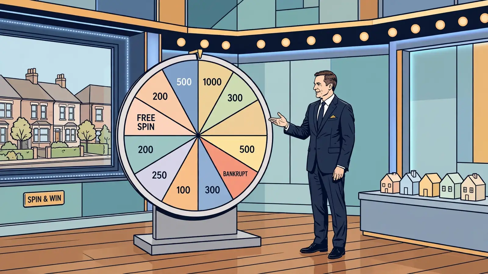 Presenter in suit standing beside a large prize wheel in a bright British game show studio.