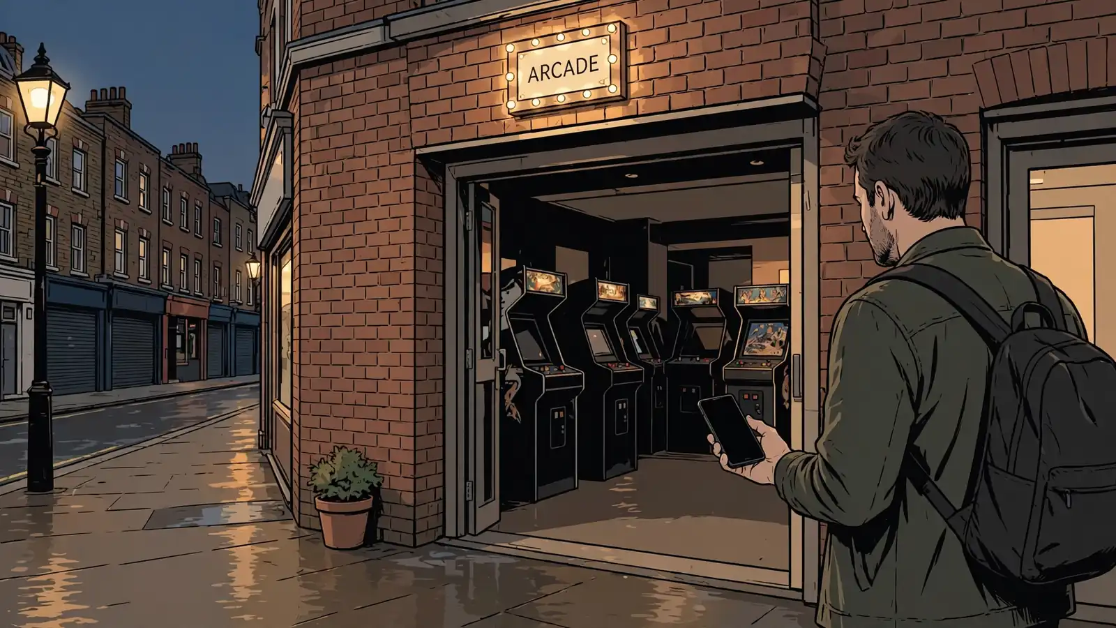 Player entering a UK casino without a sign-in desk at dusk.