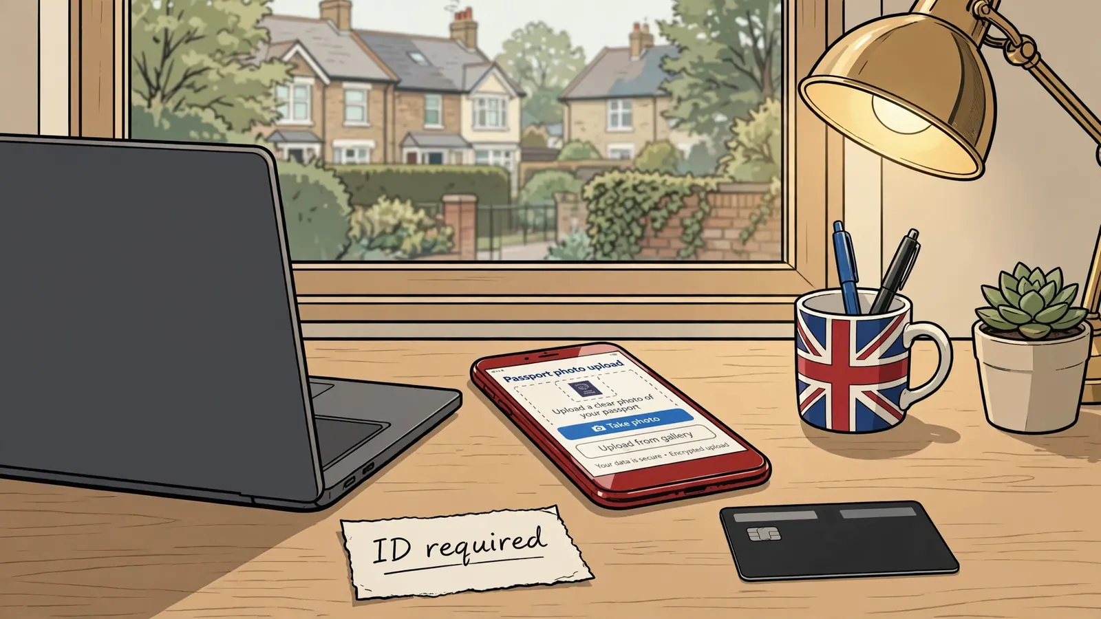 Online casino withdrawal scene with ID verification prompt and hidden laptop screen on a UK desk.