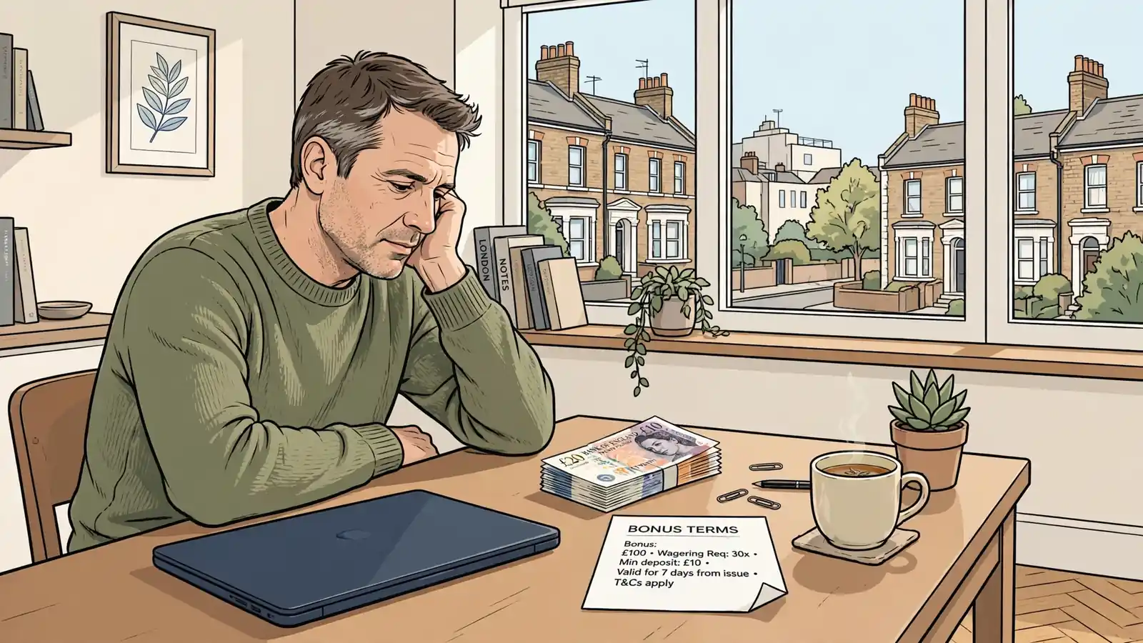 Man at desk reviewing bonus terms with pound notes and tea in a London apartment.