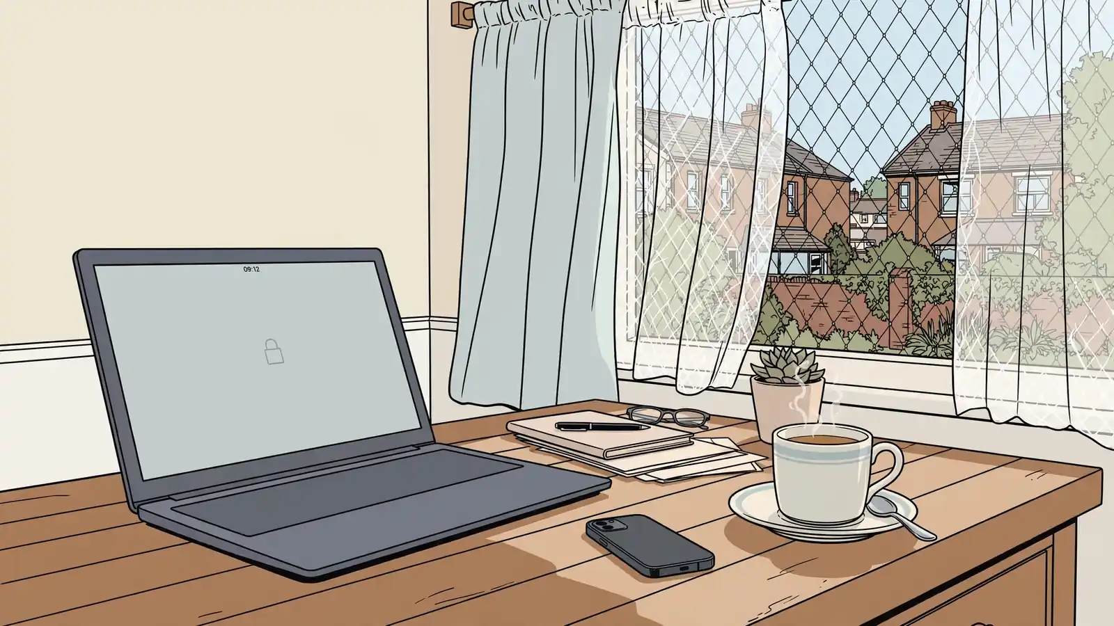 Laptop with blank screen on a British home desk, phone face-down, morning tea.