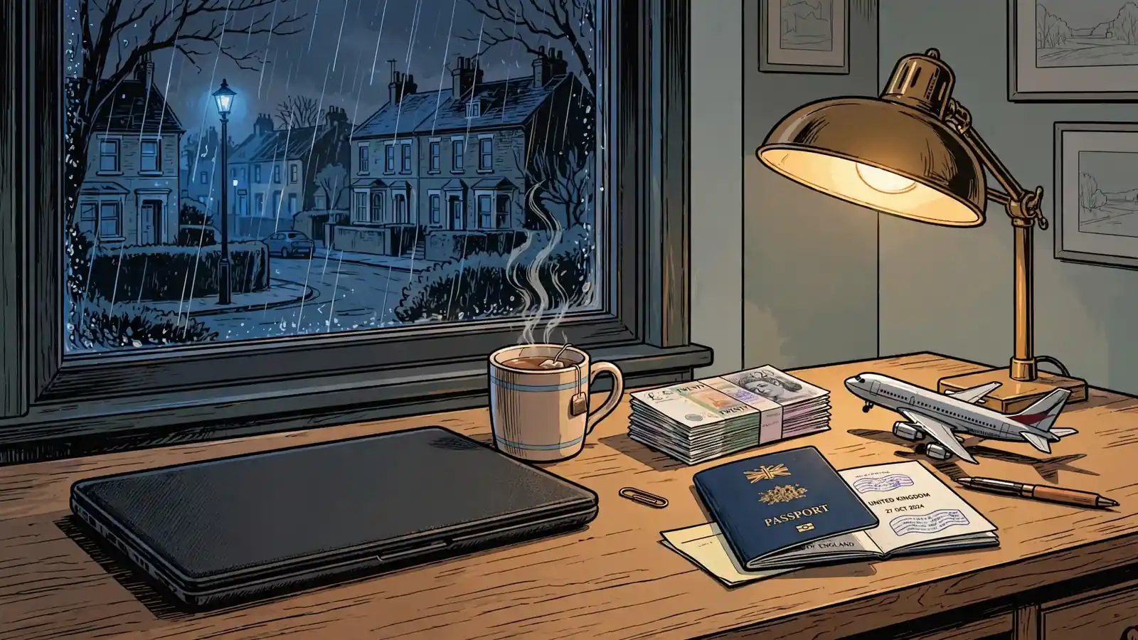 British home office at night with passport, tea, and foreign-bound airplane model by a rain-streaked window.