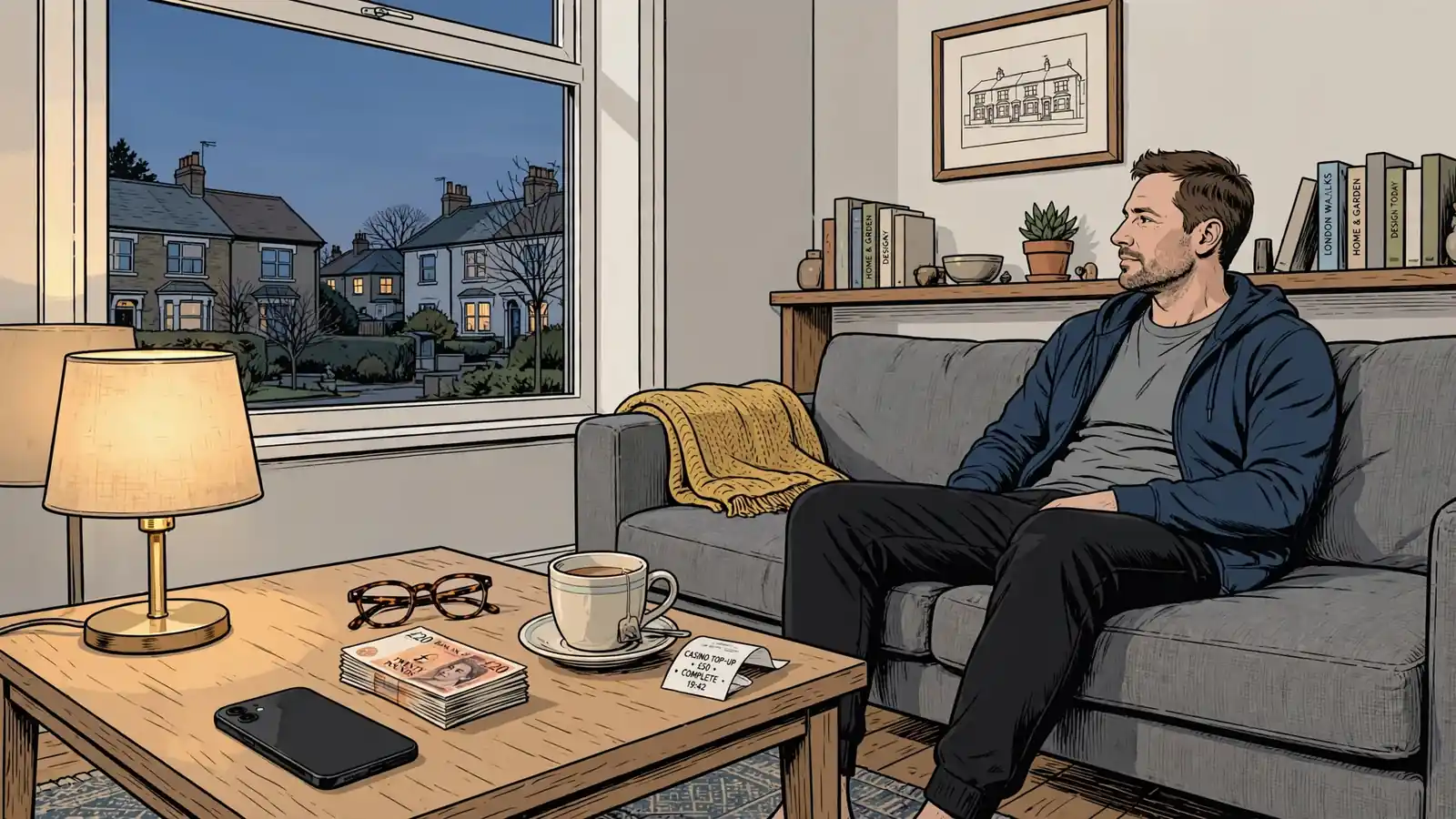 Person at home in the UK with phone and pounds on a coffee table.