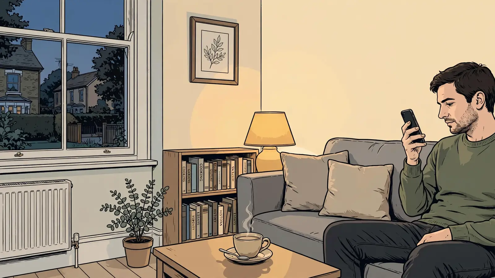 Person on sofa with smartphone, turned away, in a cozy UK home interior at evening.