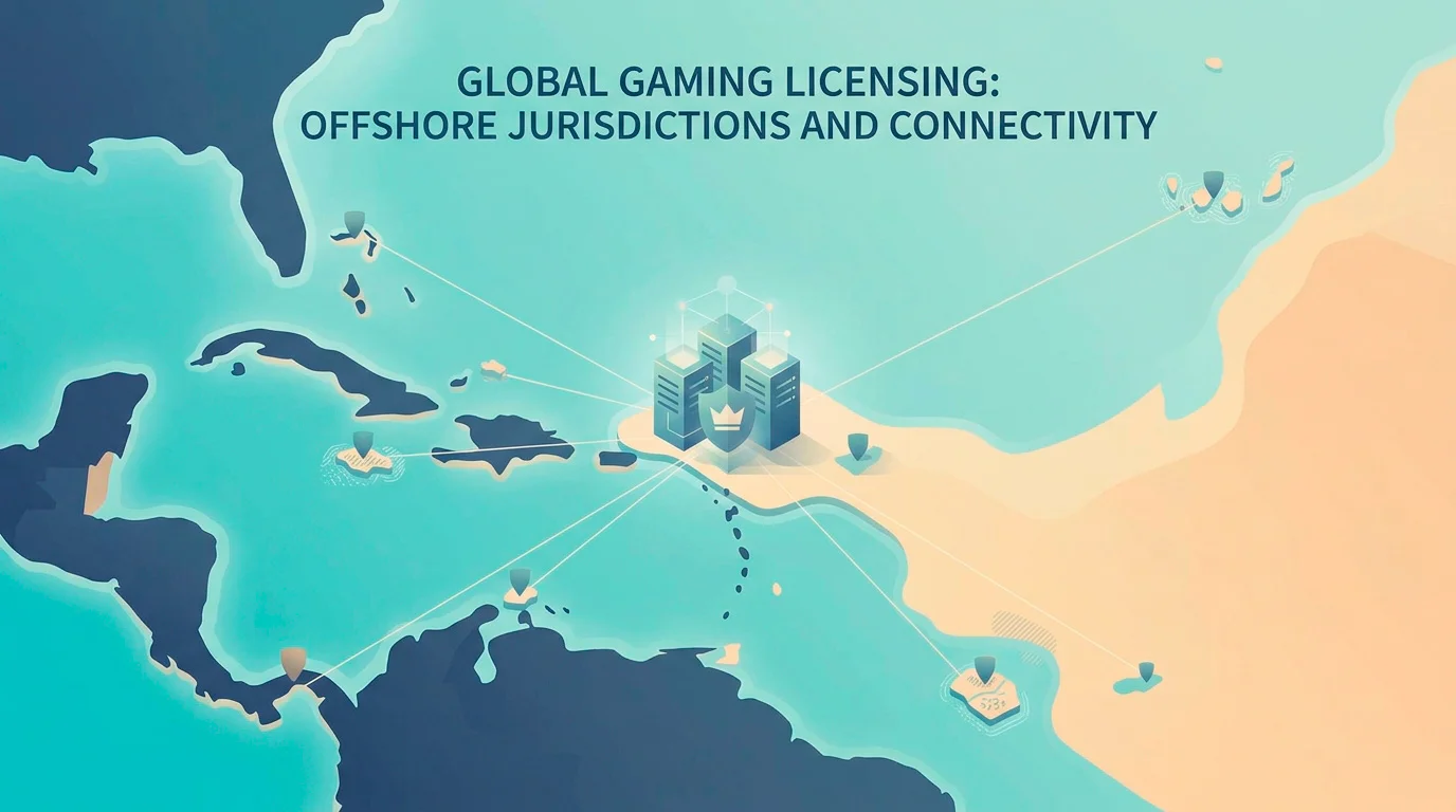 Stylised map of offshore licensing jurisdictions connected to a central gaming server illustrating where non-GamStop casinos are based