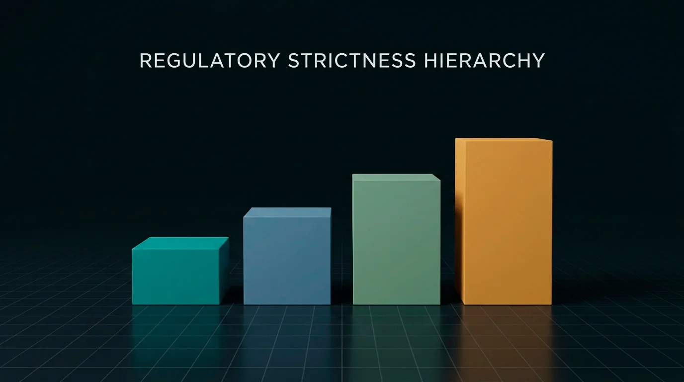 Stacked tiers of differently sized blocks representing the relative strictness of Curacao, Anjouan, Malta and Gibraltar gambling regulators.